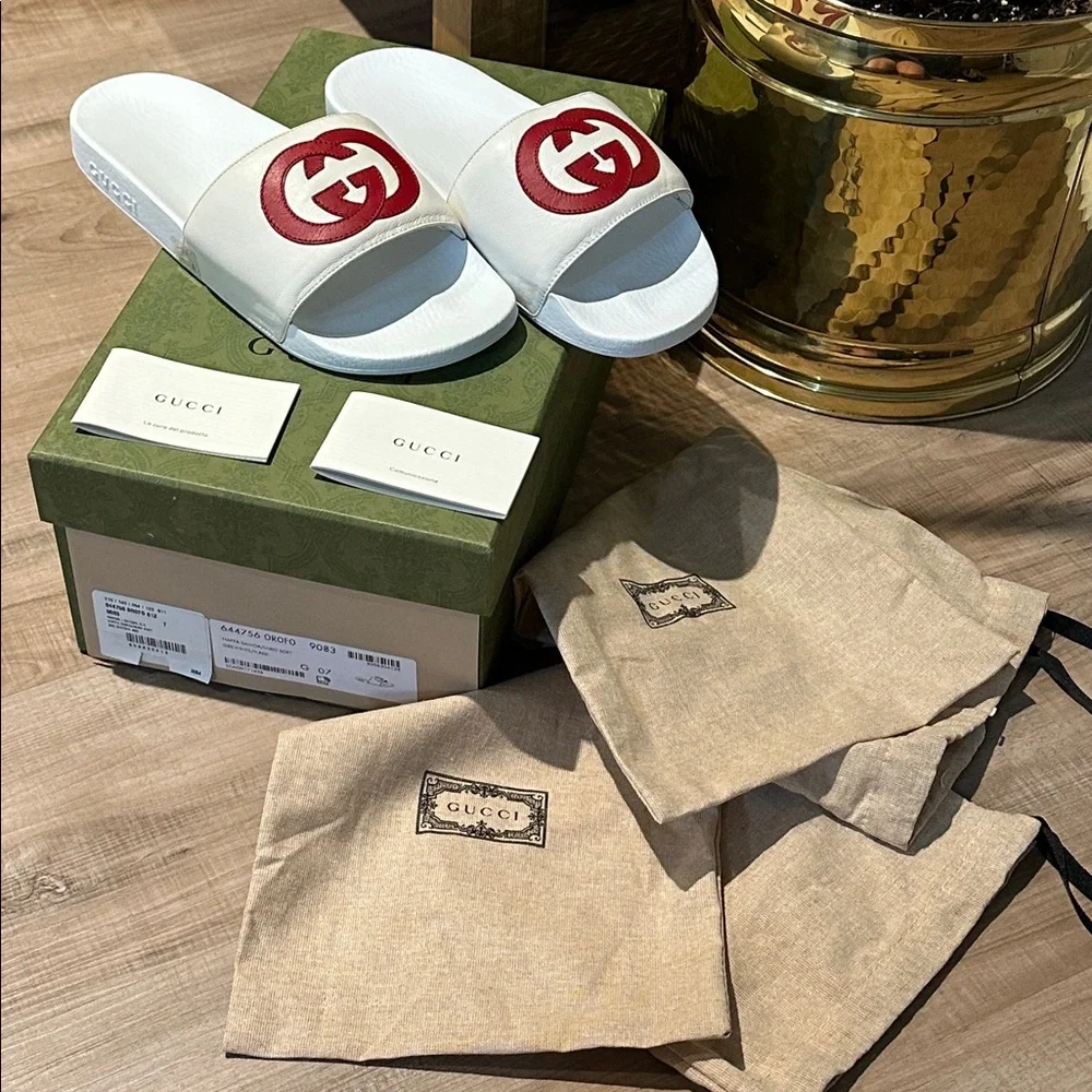 Gucci White Slides with Red Logo Napa Samoa Miro Soft Slides Size 7 - Picture 3 of 12